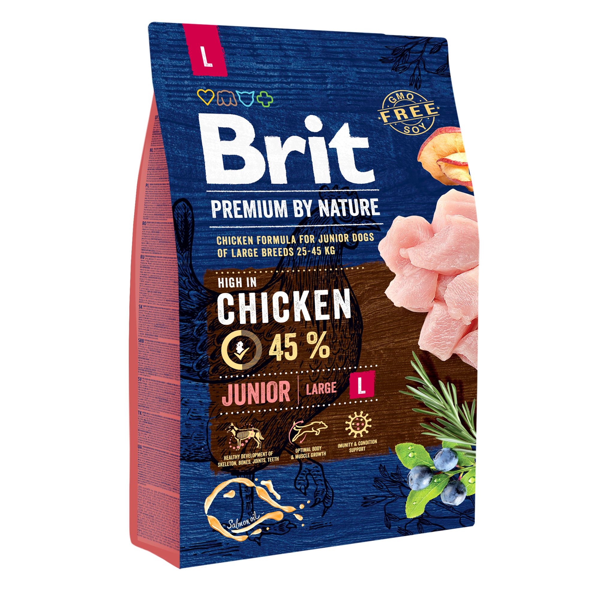 Сухой корм для щенков и молодых собак крупных пород (весом от 25 до 45 кг) Brit Premium Junior L 3 кг (курица)