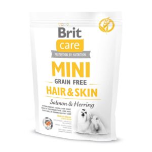 Сухой корм для собак миниатюрных пород, шерсть которых требует дополнительного ухода Brit Care GF Mini Hair & Skin 400 гр (лосось и сельдь)